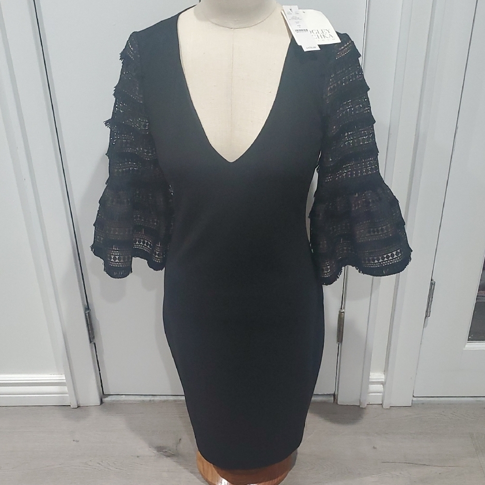 Badgley Mischka Black Sheath Dress with Bell Sleeves